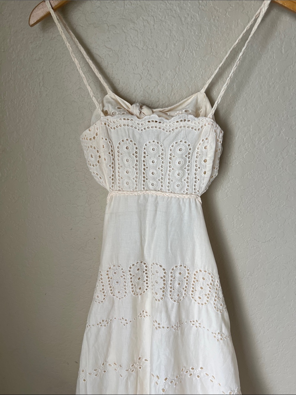 Mango cream eyelet cotton embroidered tie back midi dress - Picture 3 of 12